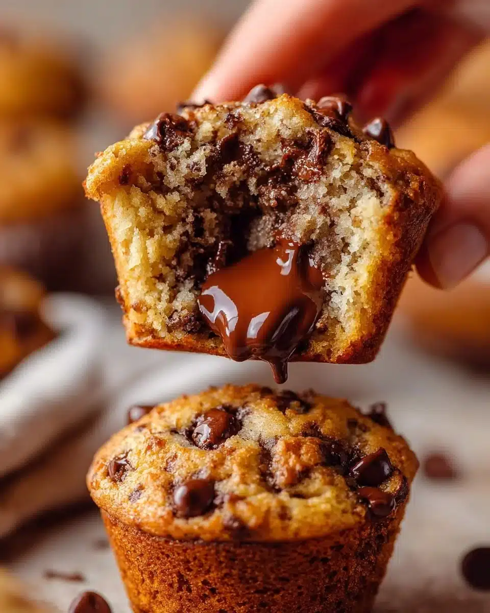 Freshly baked Banana Chocolate Chip Muffins with chocolate chips on top