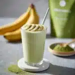 Healthy Banana Matcha Smoothie in a glass with fresh banana and matcha powder