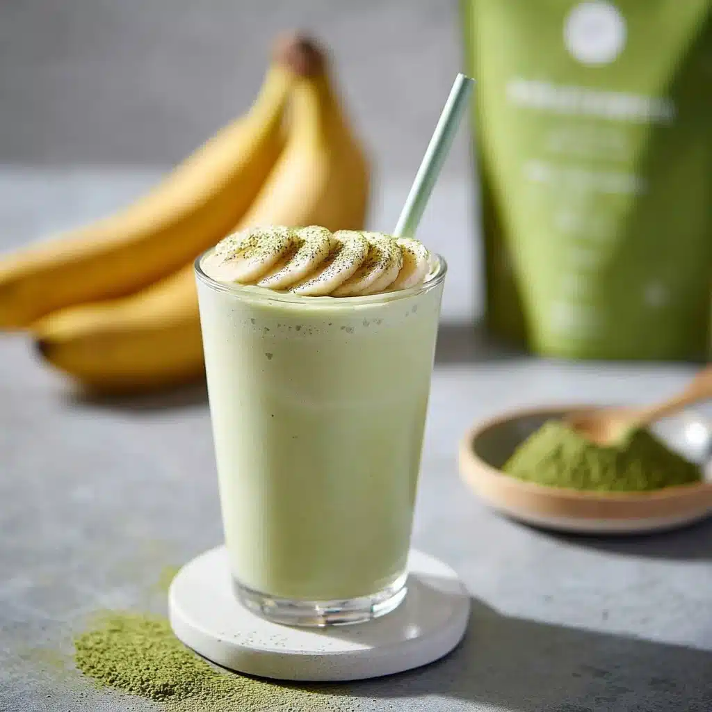 Healthy Banana Matcha Smoothie in a glass with fresh banana and matcha powder