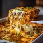 Delicious Beef Enchilada Casserole topped with cheese and garnished with cilantro