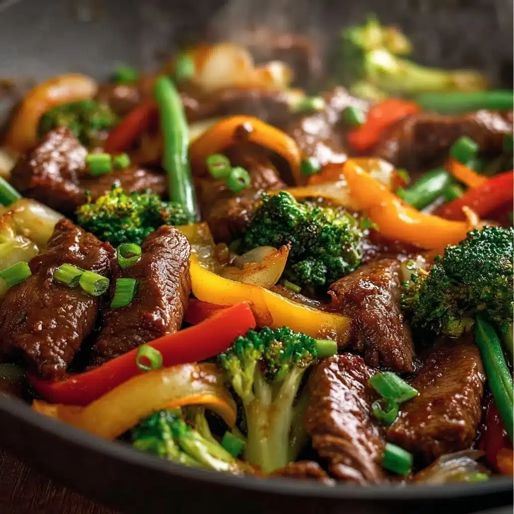 Delicious beef stir fry with colorful vegetables served in a bowl.