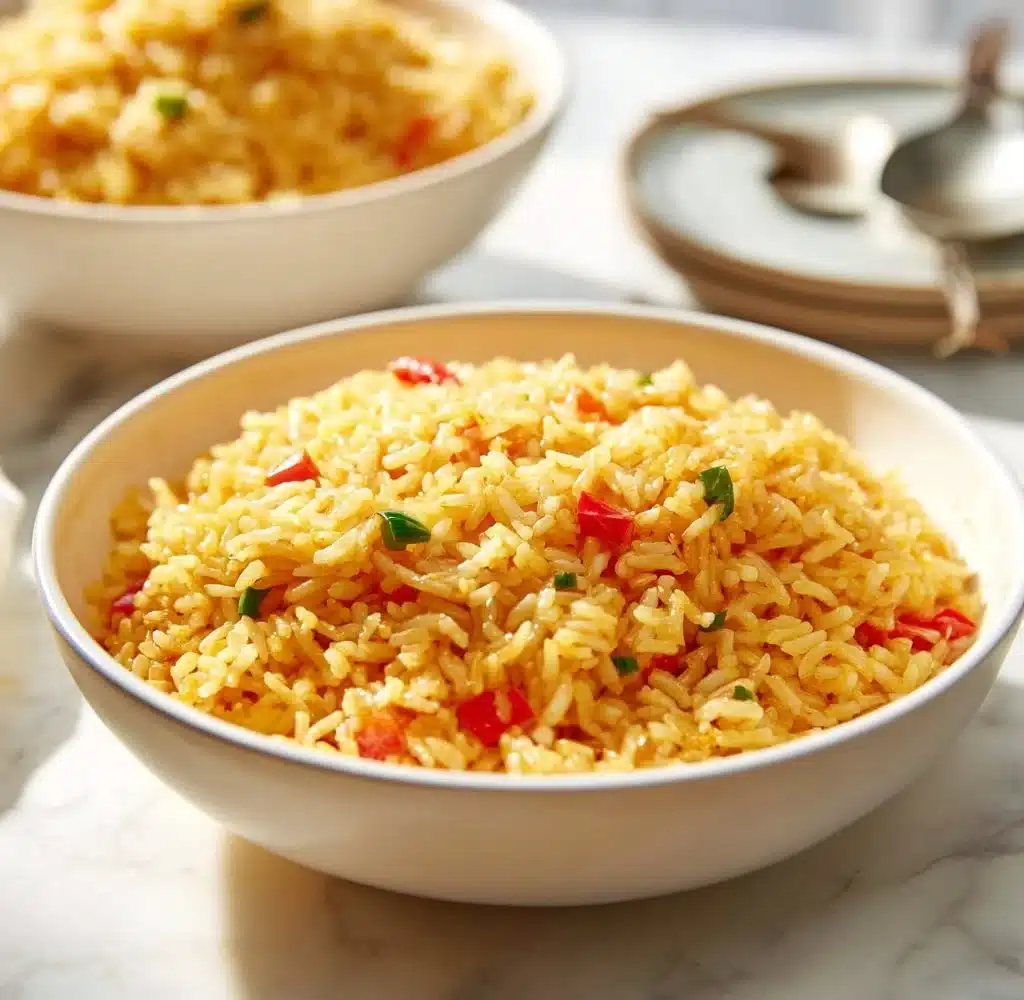 Plate of flavorful Cajun Rice garnished with herbs and spices