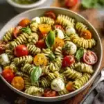 Colorful Caprese Pasta Salad with fresh mozzarella, tomatoes, and basil.