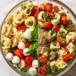 Delicious Caprese Salad featuring tortellini, mozzarella, tomatoes, and basil