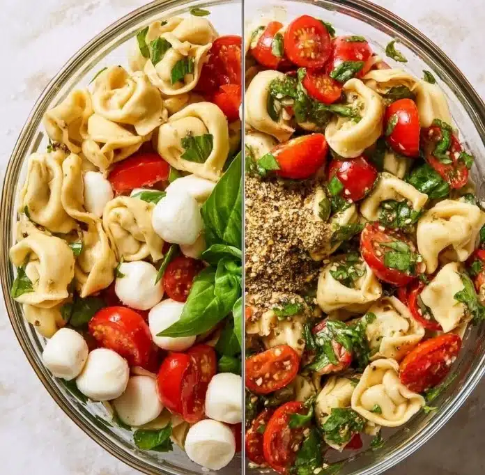 Delicious Caprese Salad featuring tortellini, mozzarella, tomatoes, and basil