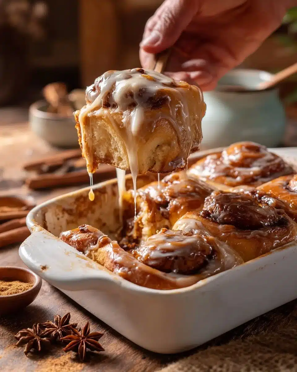 Freshly baked chai cinnamon rolls with spices and a drizzle of icing