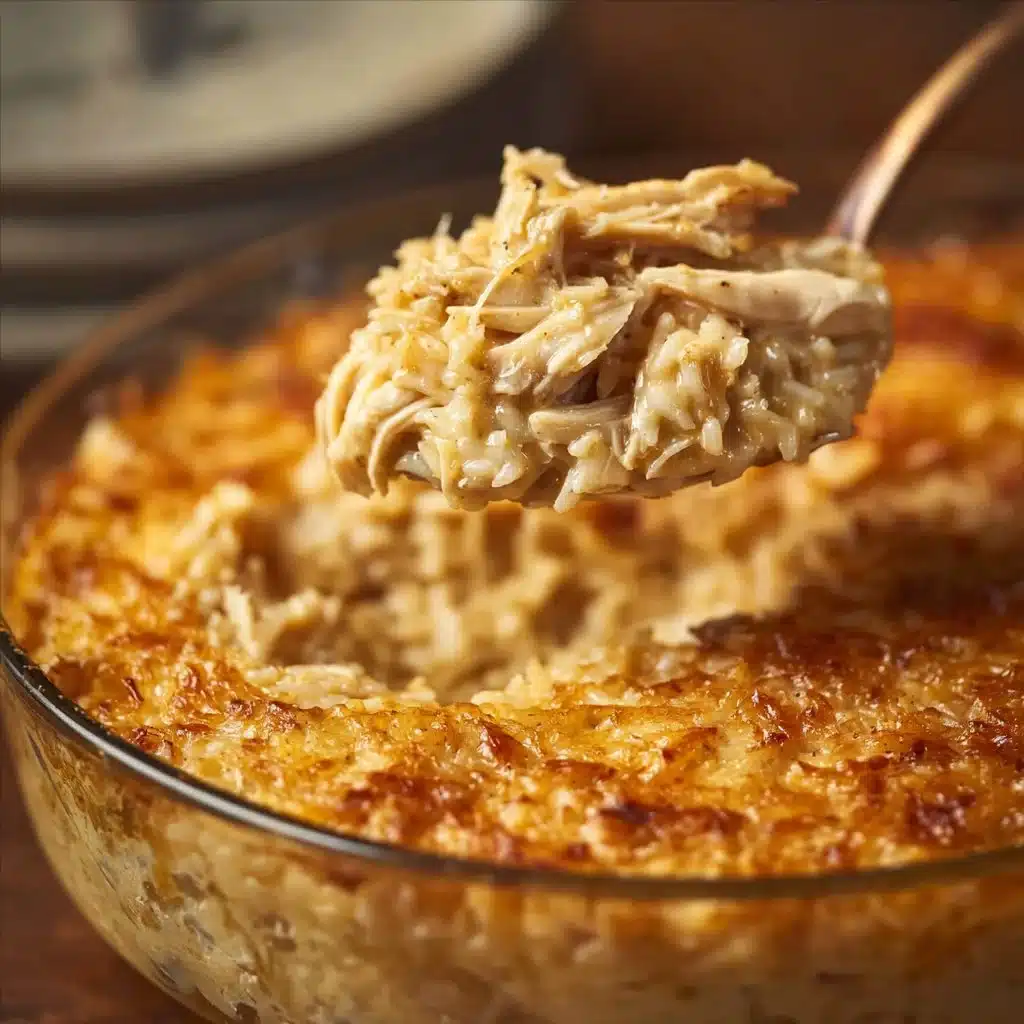 Delicious chicken and rice casserole baked in a creamy sauce, topped with cheese.
