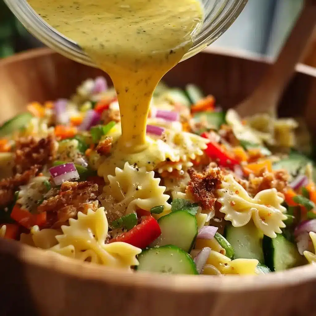 Colorful chicken pasta salad with vegetables and dressing in a bowl