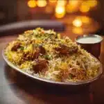 A delicious plate of Chicken Tikka Biryani garnished with fresh herbs and served in a traditional bowl.