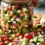 Delicious chickpea cucumber salad with fresh vegetables and herbs
