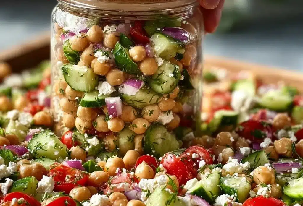 Delicious chickpea cucumber salad with fresh vegetables and herbs