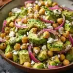 Chickpea Feta Avocado Salad with fresh vegetables and herbs