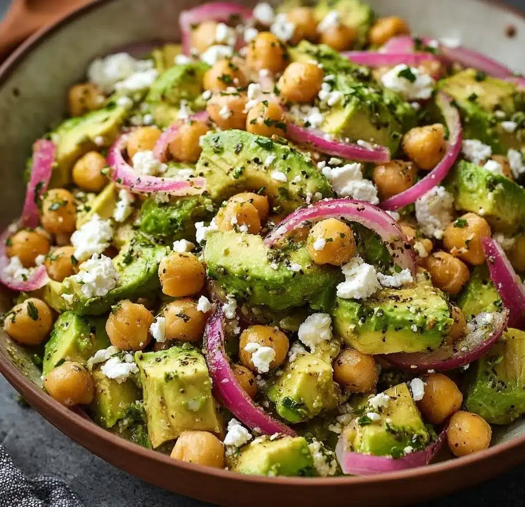 Chickpea Feta Avocado Salad with fresh vegetables and herbs