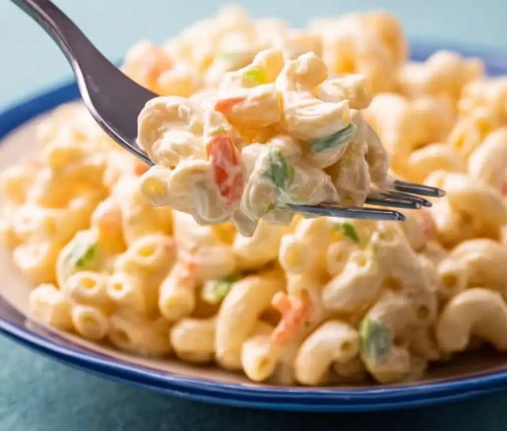 Classic Macaroni Hawaiian Salad in a bowl with colorful vegetables