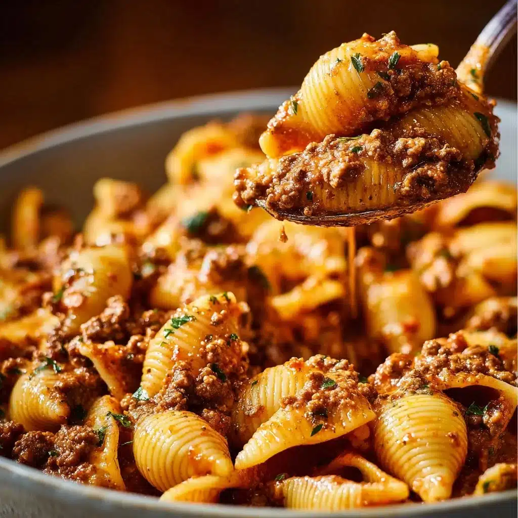 Creamy beef and shells dish served in a bowl