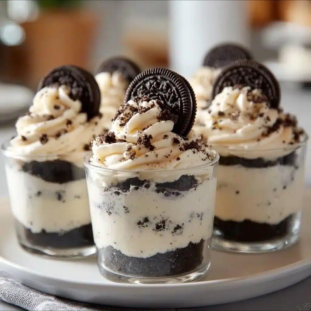 Creamy no-bake Oreo cheesecake cups topped with Oreo cookies
