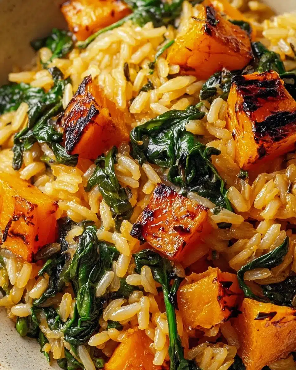Creamy orzo with roasted butternut squash and spinach in a bowl