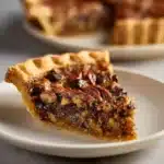 Delicious slice of easy chocolate pecan pie on a plate