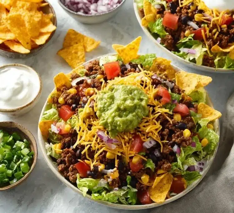 Bowl of colorful easy taco salad with fresh vegetables, beans, and toppings.