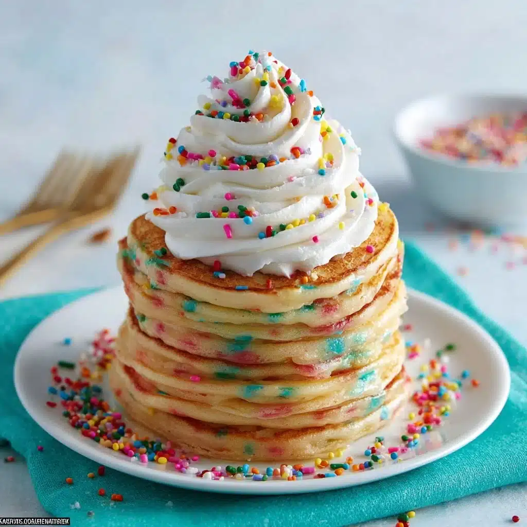 Fluffy funfetti pancakes topped with colorful sprinkles and syrup