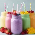 Colorful and refreshing fruit smoothie made with fresh fruits and yogurt.