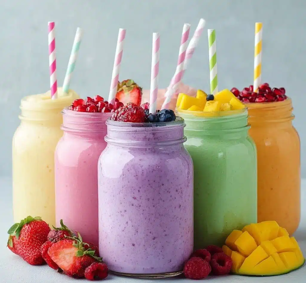 Colorful and refreshing fruit smoothie made with fresh fruits and yogurt.