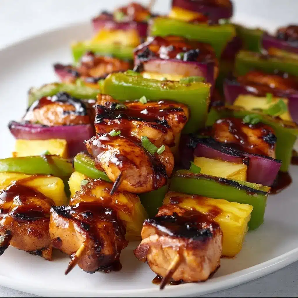 Hawaiian Chicken Kebabs grilled with pineapple and peppers on skewers.
