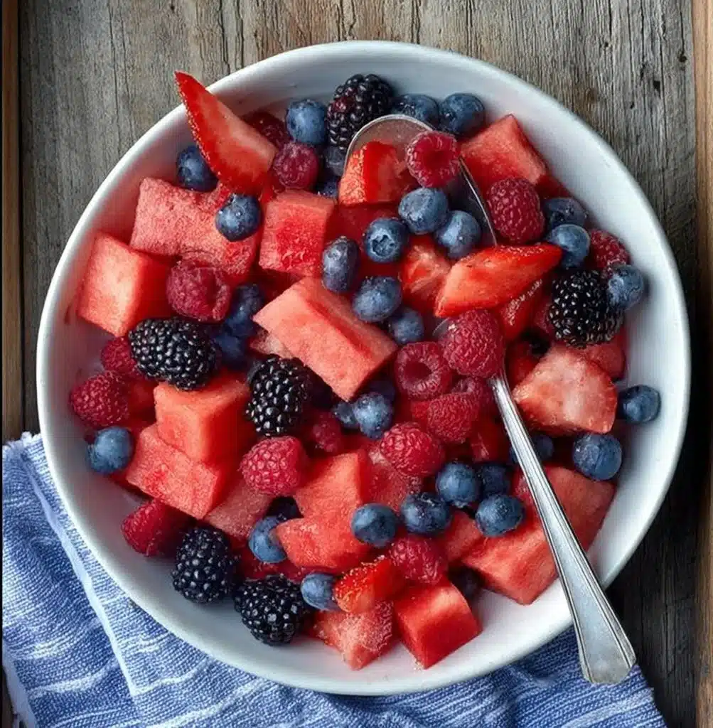 Healthy berry watermelon salad with assorted seasonal fruits