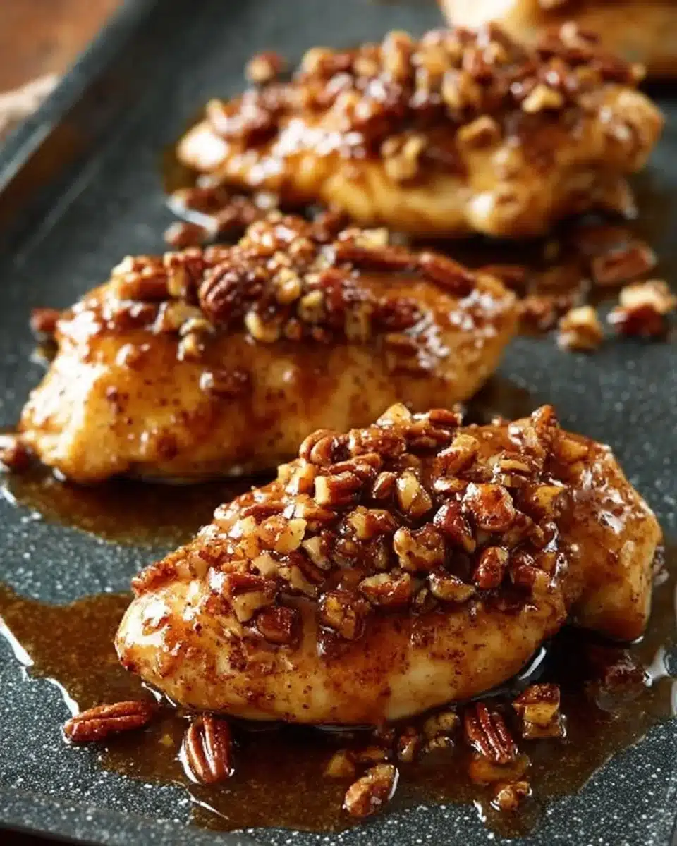 Honey Garlic Pecan Chicken dish garnished with herbs and pecans