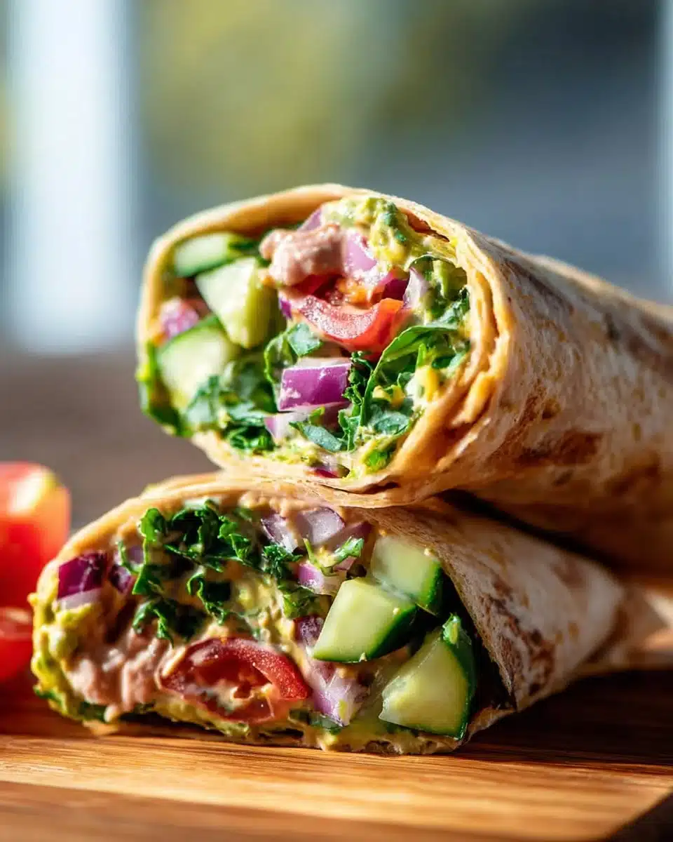 Healthy hummus veggie wraps filled with colorful fresh vegetables