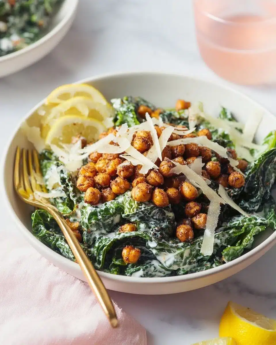 Healthy Kale Caesar Salad topped with Parmesan Roasted Chickpeas