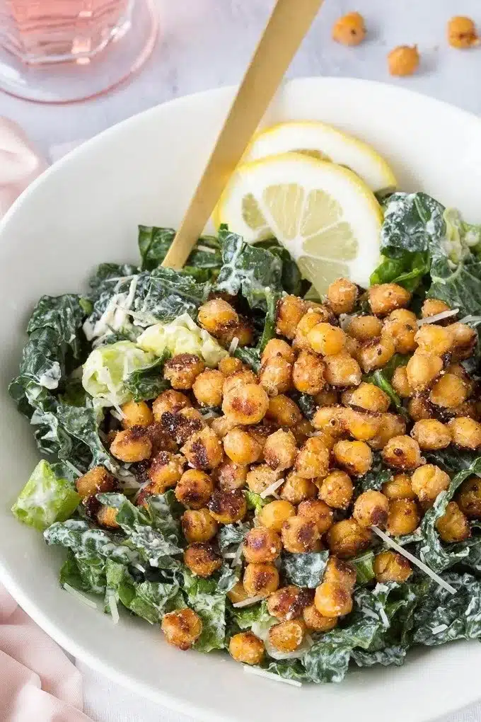 Kale Caesar Salad with Parmesan Roasted Chickpeas