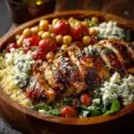 Lemon-Herb Chicken Bowl topped with chickpeas and feta cheese.