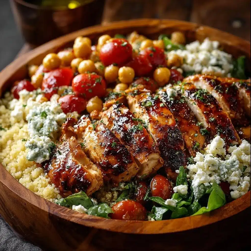 Lemon-Herb Chicken Bowl topped with chickpeas and feta cheese.