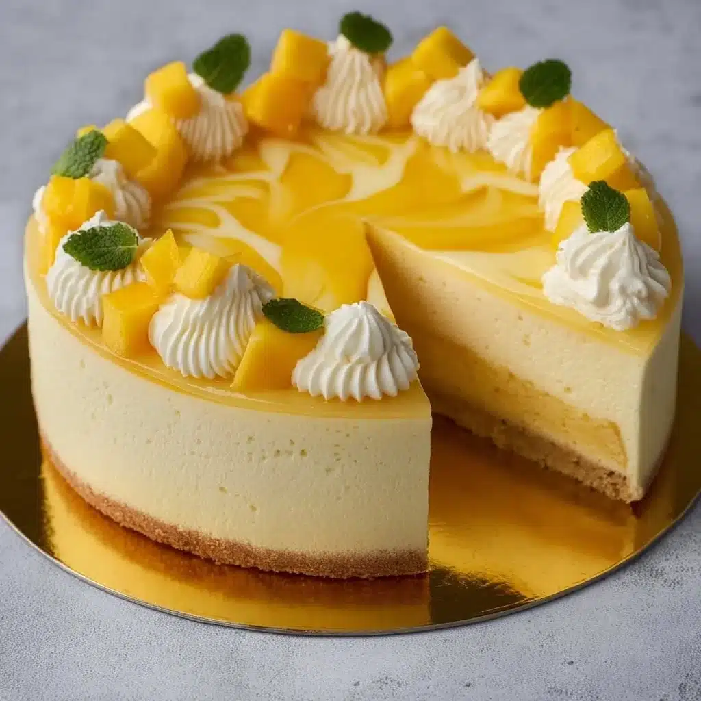 Delicious mango mousse cake topped with fresh mango slices