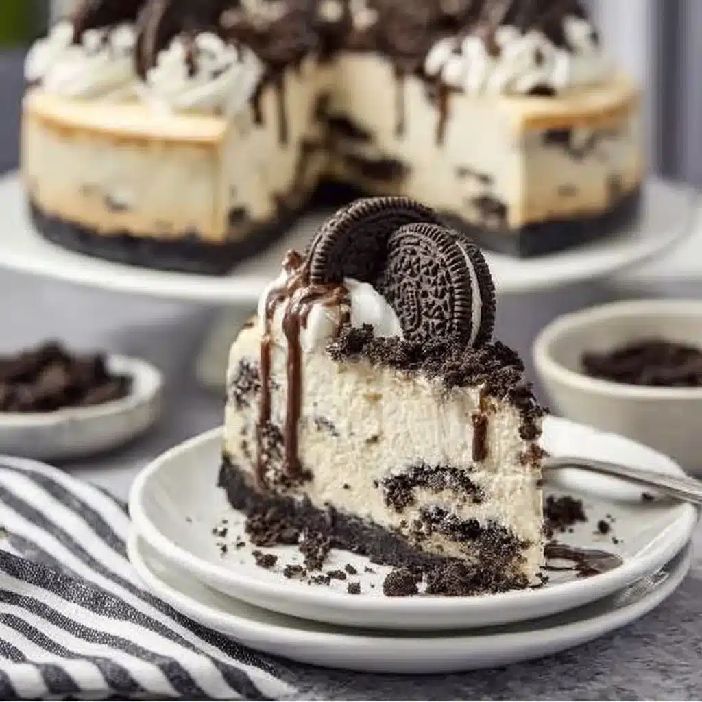 No-Bake Oreo Cheesecake with chocolate crust and creamy filling