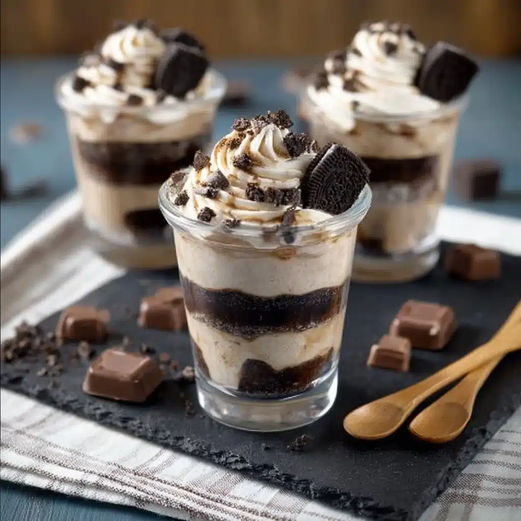 Delicious no-bake peanut butter fudge cheesecake parfaits topped with chocolate