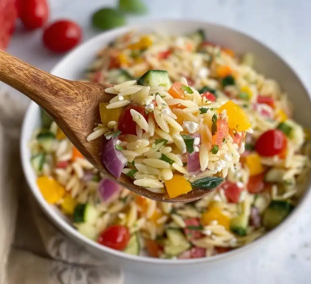 Delicious orzo salad with colorful vegetables and dressing