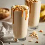 Delicious Peanut Butter Banana Smoothie in a glass with banana slices