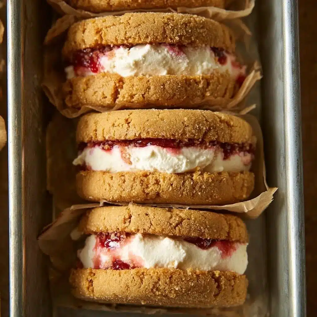 Peanut butter and jelly ice cream sandwiches prepared on a plate.