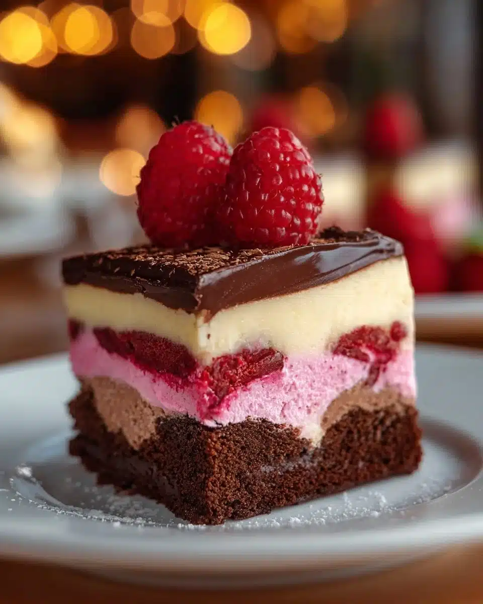 Delicious Raspberry Brownie Cheesecake topped with fresh raspberries
