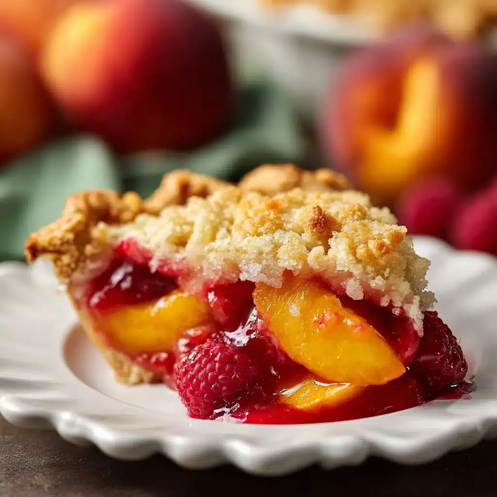 Homemade Raspberry Peach Pie topped with fresh berries and golden crust
