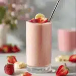 Creamy strawberry banana smoothie in a glass with fresh fruit garnish