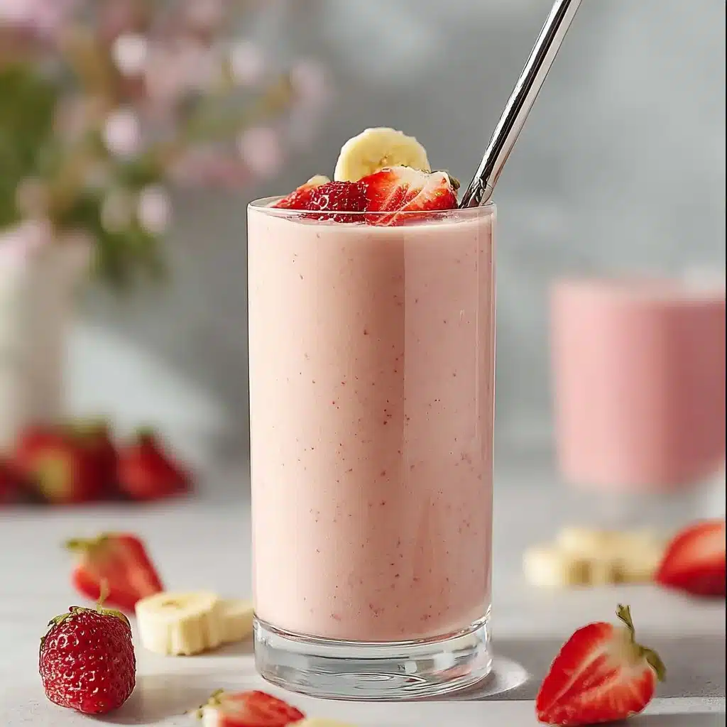 Creamy strawberry banana smoothie in a glass with fresh fruit garnish