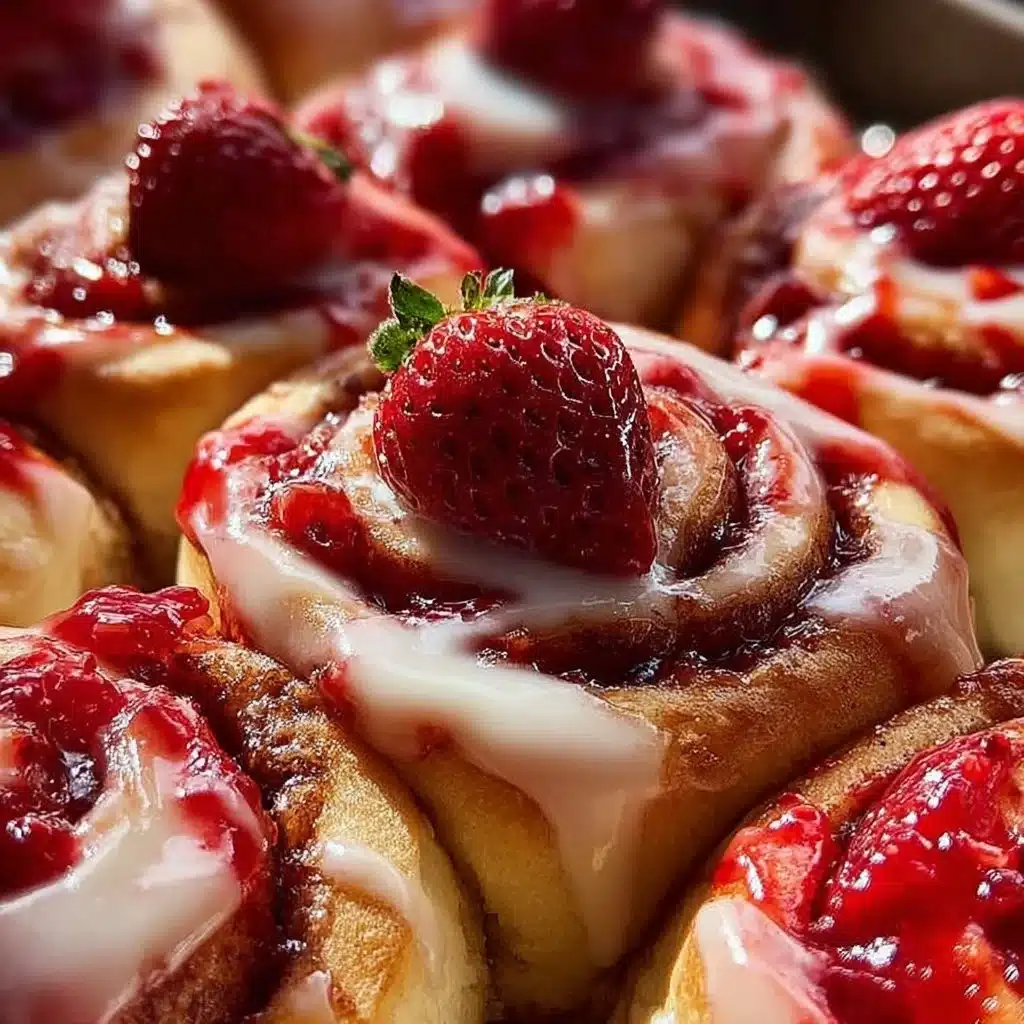 Freshly baked strawberry cheesecake cinnamon rolls on a plate
