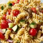 Colorful pasta salad with fresh vegetables and Italian dressing