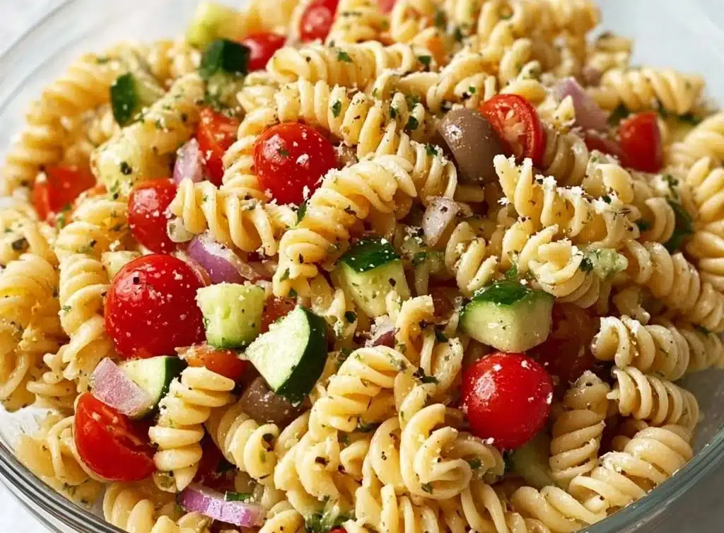 Colorful pasta salad with fresh vegetables and Italian dressing