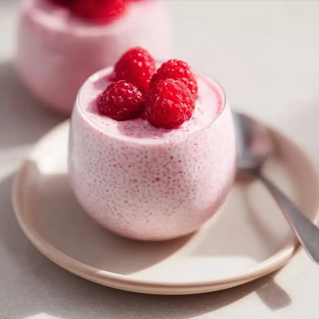 Delicious Vanilla Raspberry Chia Pudding in a glass topped with fresh raspberries