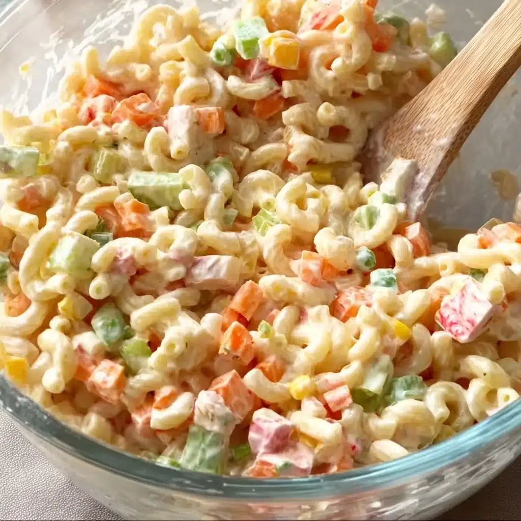 Colorful vegetable pasta salad with fresh ingredients and dressing.