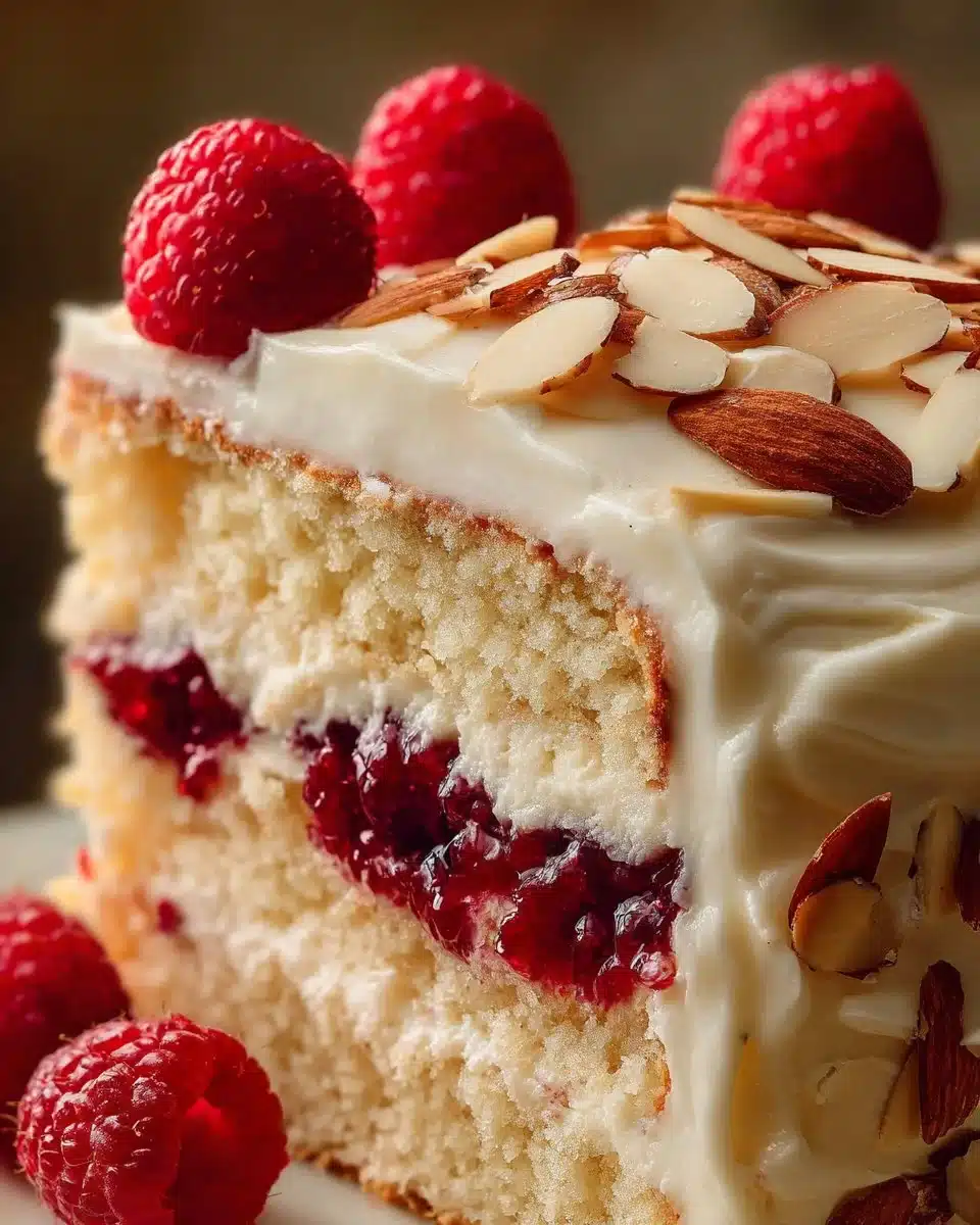 Slice of White Chocolate Almond Raspberry Cake with berries and almonds on top